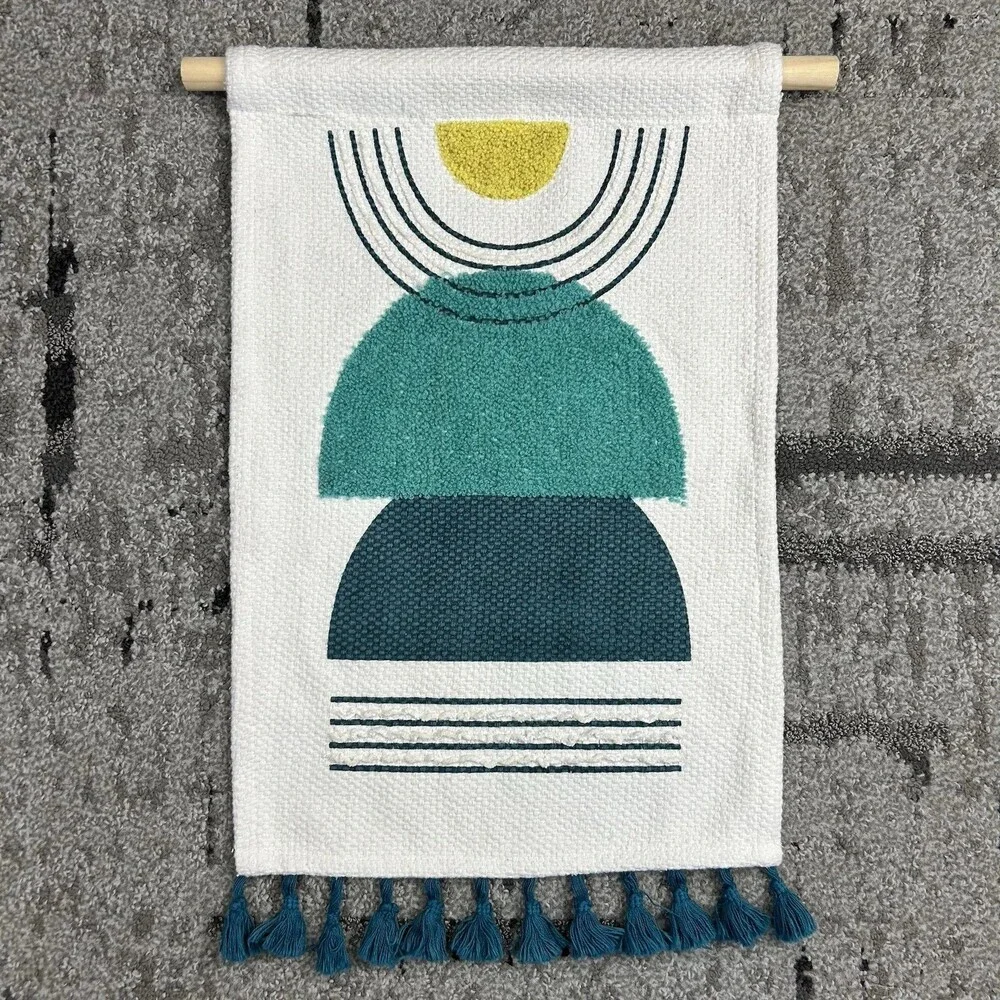 Boho Tapestry Rug Wall Textile Hanging White Teal Like Turquoise Fringe Geometri